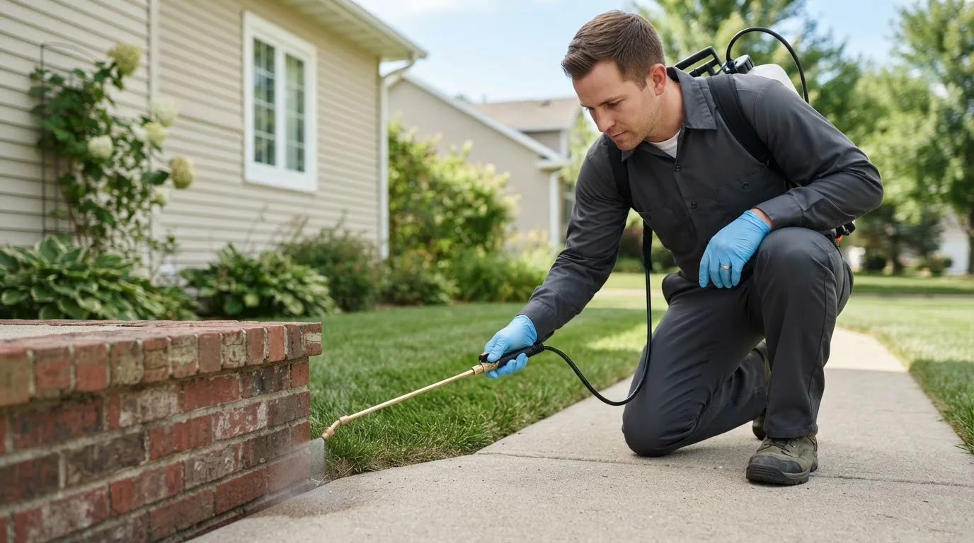 Pest control technician treating a home near Morley, MI