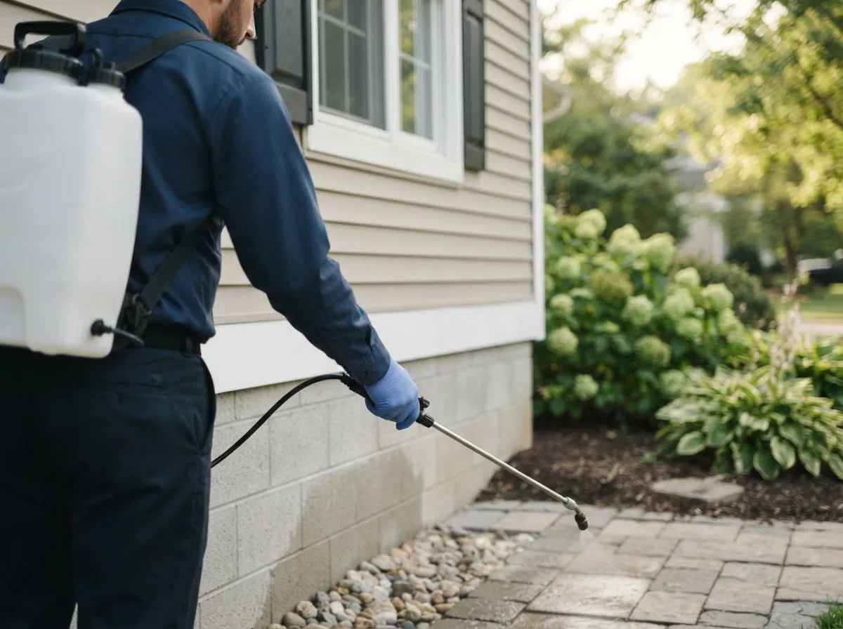 Pest control technician inspecting a home in Morley, MI